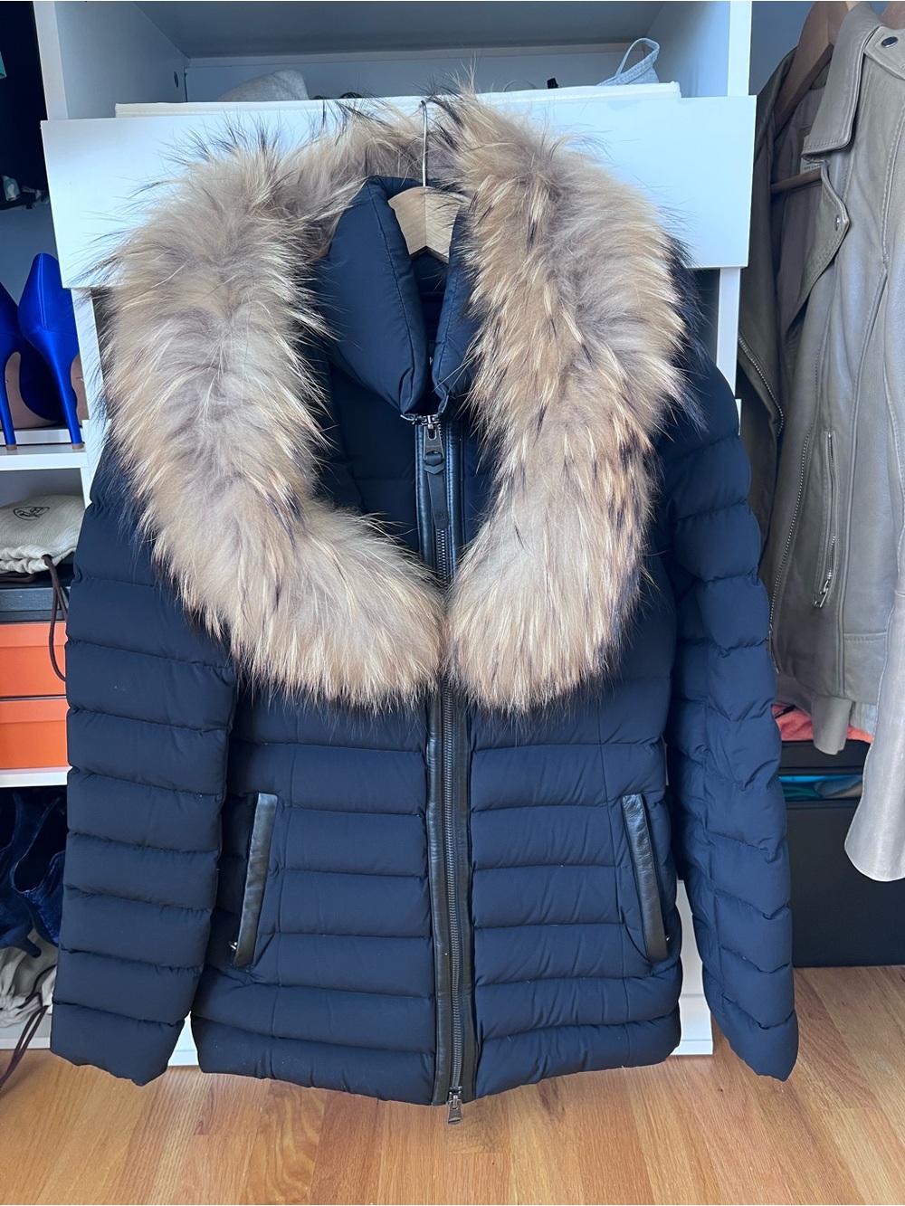 Mackage Black Puffer Jacket with Tan Faux-Fur Trim